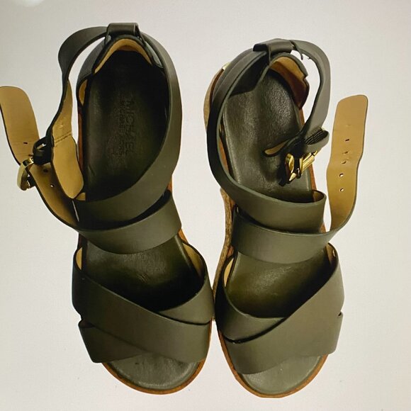 MICHAEL KORS DARK GREEN WEDGE SANDALS - Picture 1 of 4